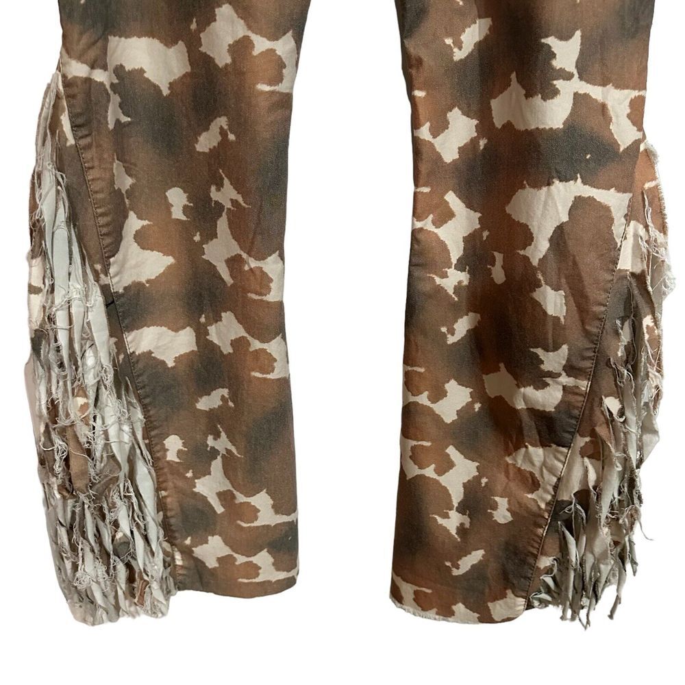 L&B Lucky & Blessed  Brown & White Distressed Flare Jeans with Fringe Cow PRINT - Picture 5 of 9